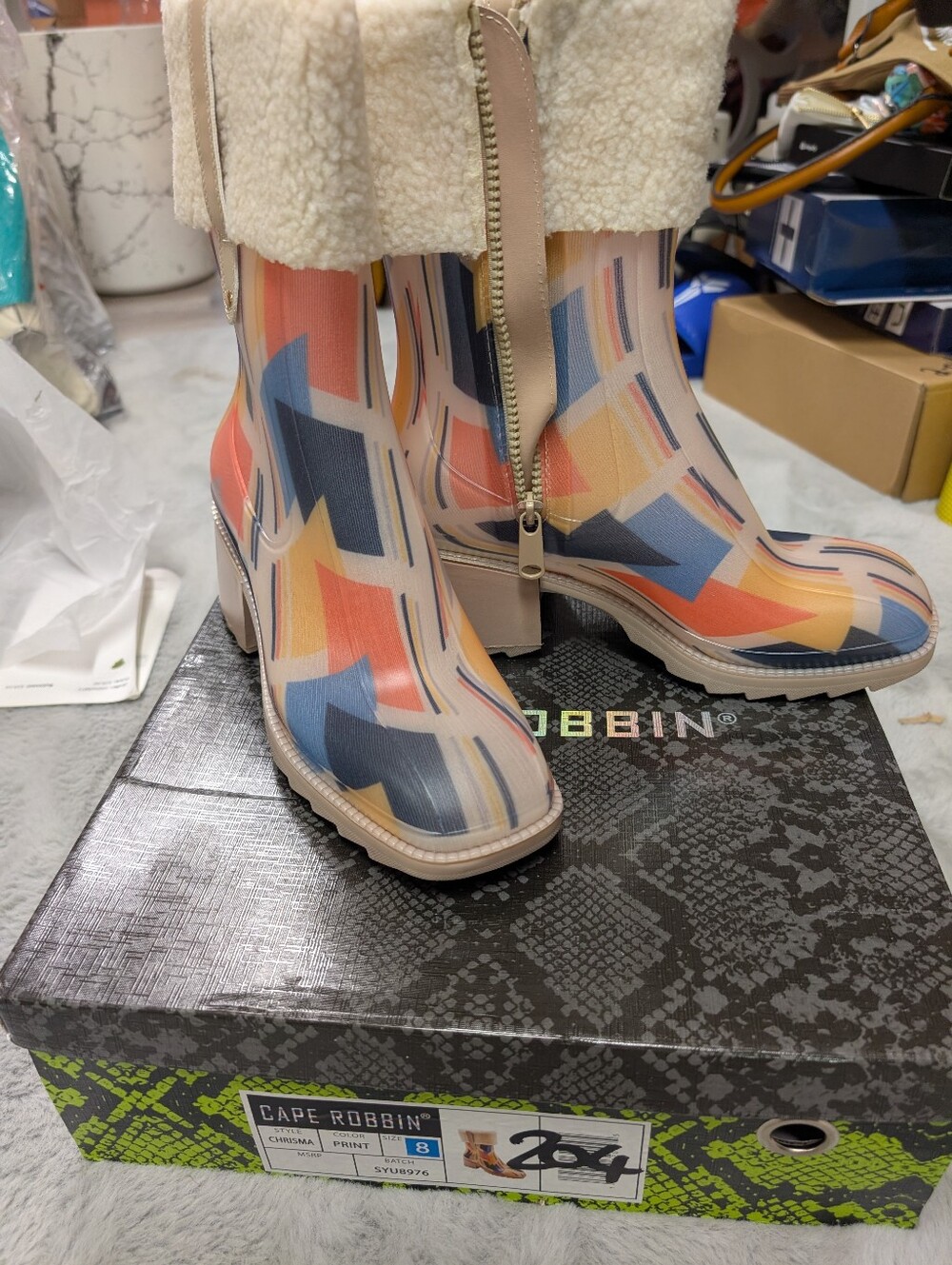 Women's Cape Robbin Multicolor Patterned Fur-Trim Rain Boots